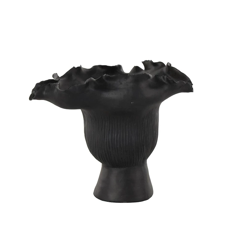 9" Black Ceramic Abstract Floral Inspired Vase with Linear Grooves