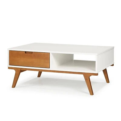 White & Caramel 1-Drawer Bridge Leg Solid Wood Coffee Table