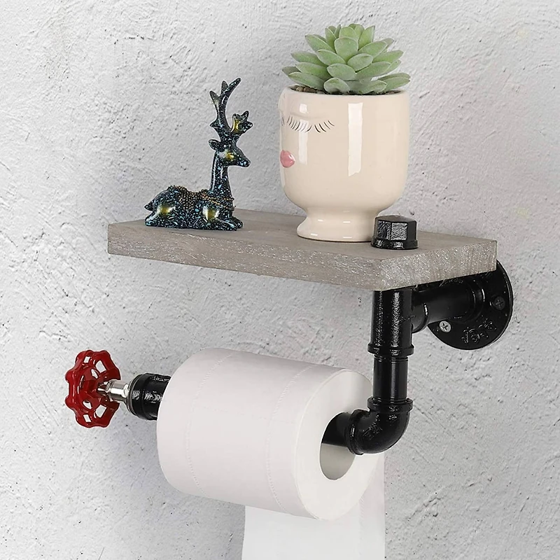 Dark Brown Industrial Wall-Mounted Rustic Toilet Paper Holder with Wood Shelf