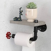 Dark Brown Industrial Wall-Mounted Rustic Toilet Paper Holder with Wood Shelf