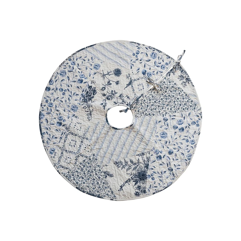 Hello Honey® 48" White & Blue Round Quilted Cotton Patchwork Floral Tree Skirt