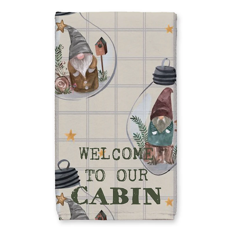 Welcome to our Cabin Cream and Check Gnome Globe Pattern Tea Towel