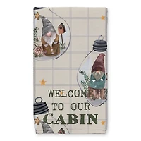 Welcome to our Cabin Cream and Check Gnome Globe Pattern Tea Towel