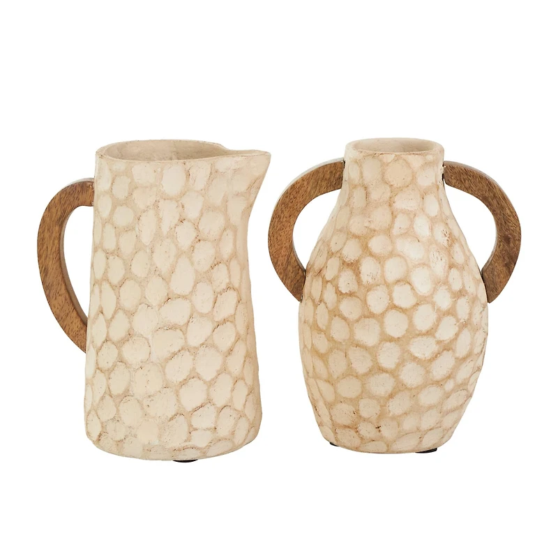 Beige Paper Mache Honeycomb Inspired Jug Vase with Wooden Handle Set