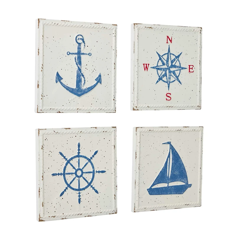 Set of 4 White Metal Coastal Wall Decor, 12" x 12"