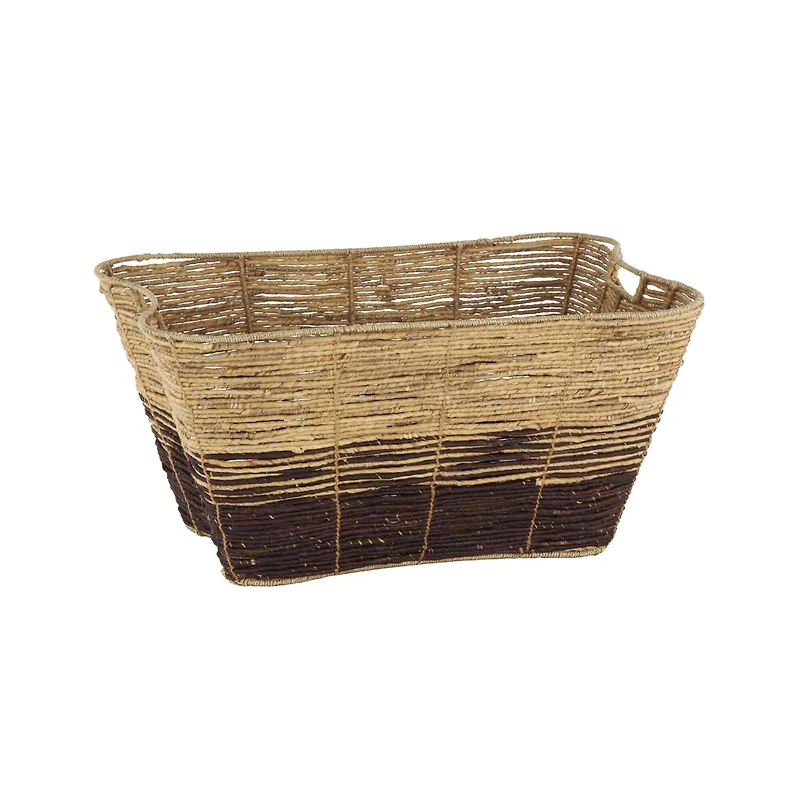 30" Brown Seagrass Handmade Oversized Color Block Storage Basket with Slot Handles