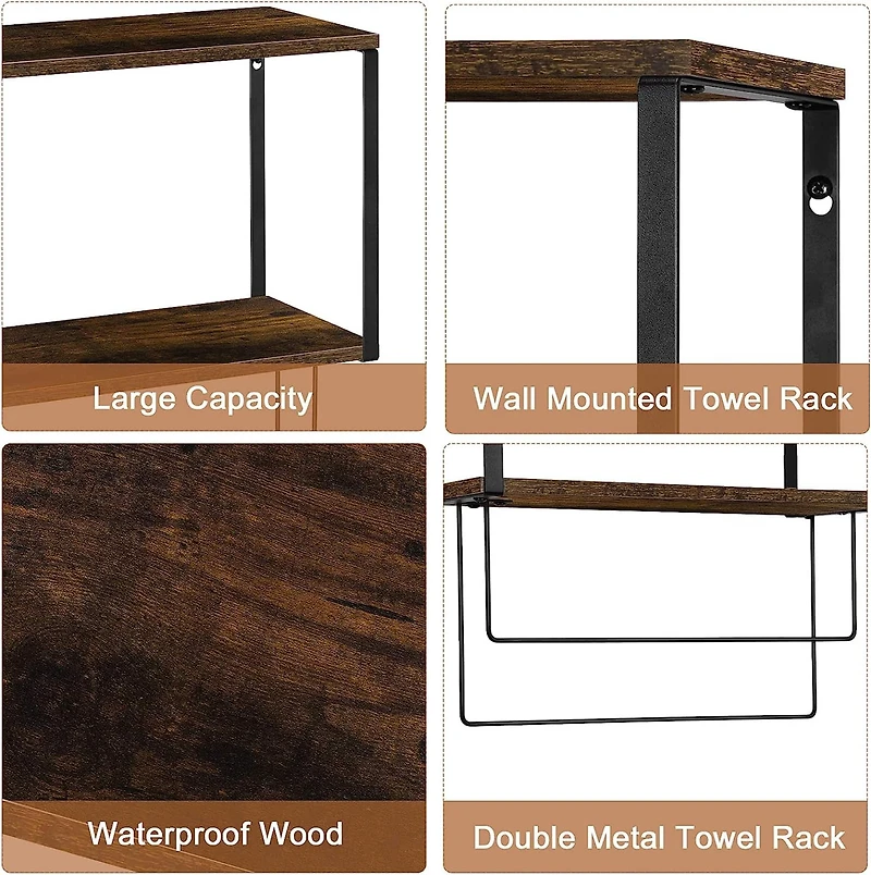 Brown Wood Wall Mount Bathroom 2 Tier Towel Shelf