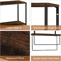 Brown Wood Wall Mount Bathroom 2 Tier Towel Shelf 