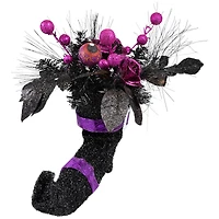 12" Black Witch's Boot with Purple Glittered Roses Halloween Decoration