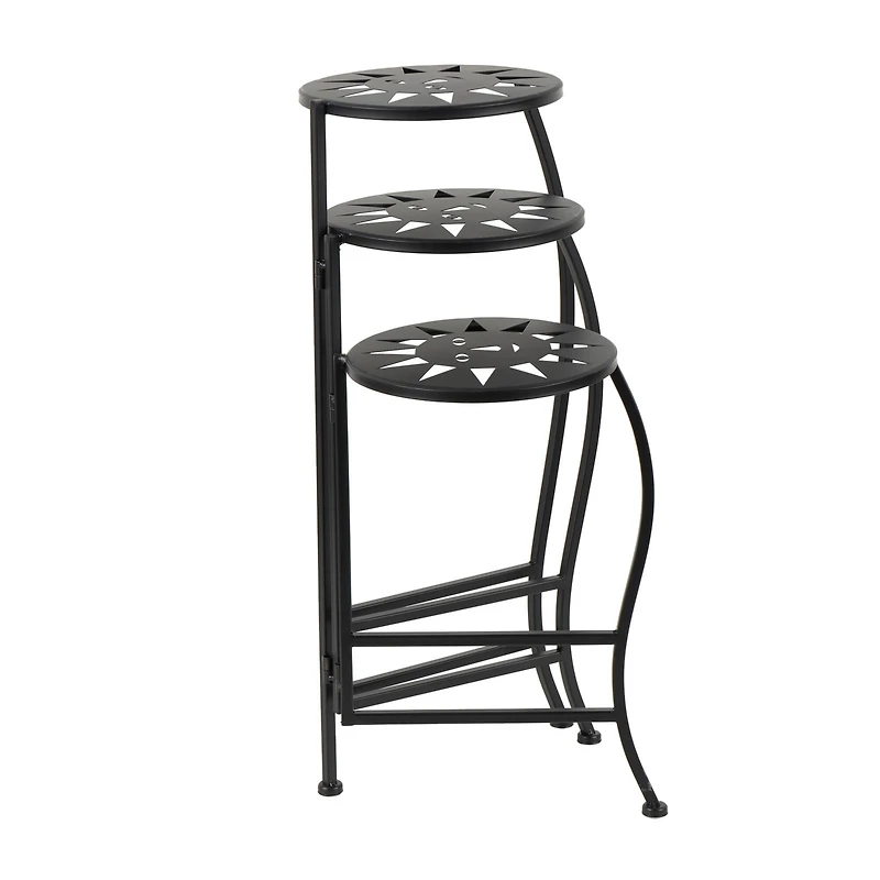24" Black Metal Folding 3-Tier Plant Stand with Sun Face Cutouts