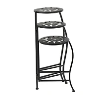 24" Black Metal Folding 3-Tier Plant Stand with Sun Face Cutouts