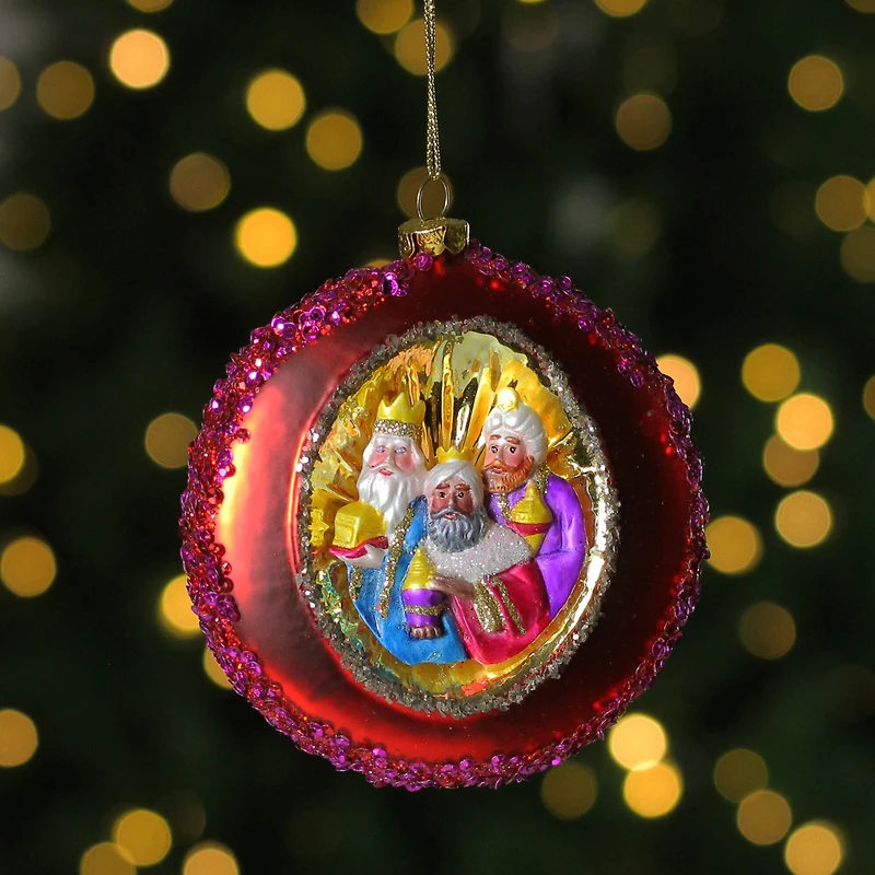 4" Three Wise Men Sequin Glass Disc Ornament