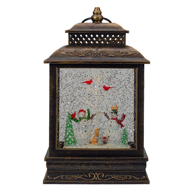 12" Musical Lighted Black Christmas Snow Globe Lantern with Snowmen
