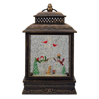 12" Musical Lighted Black Christmas Snow Globe Lantern with Snowmen