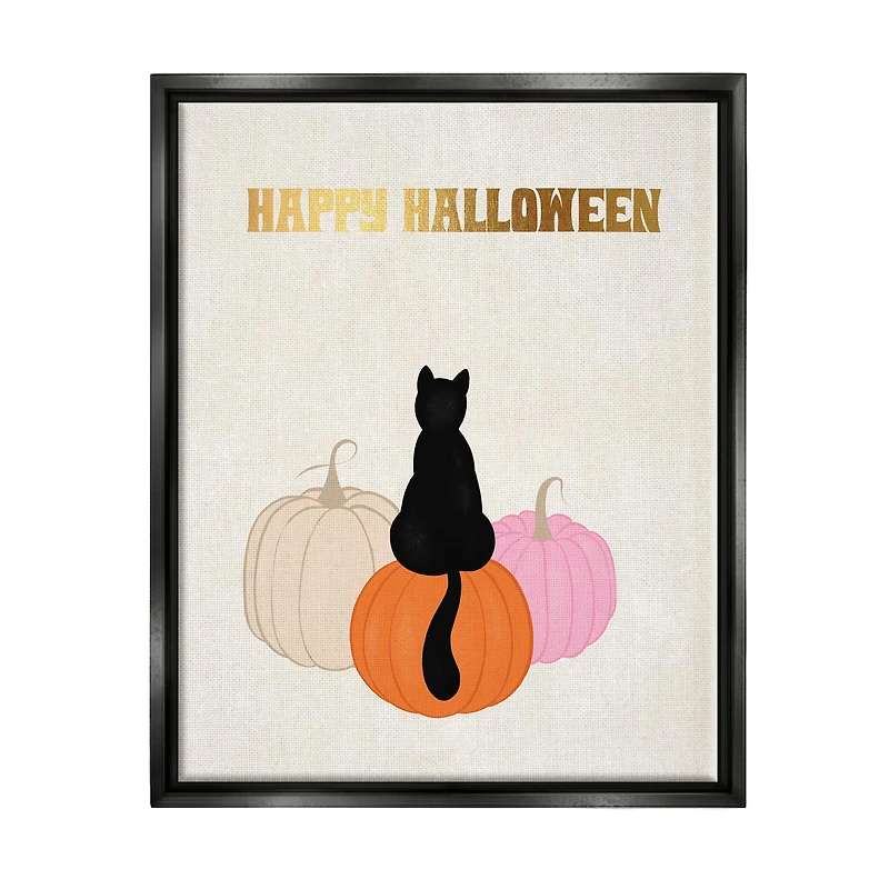 Stupell Industries Happy Halloween Black Cat Pumpkins Framed Floater Canvas Wall Art