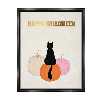 Stupell Industries Happy Halloween Black Cat Pumpkins Framed Floater Canvas Wall Art