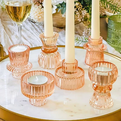 Kate Aspen® Assorted Vintage Ribbed Rose Gold Pink Glass Candlestick Candle Holder Set