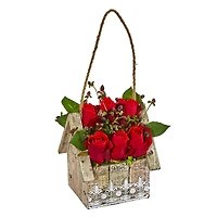 15" Elegant Red Rose Arrangement in Birdhouse Hanging Planter