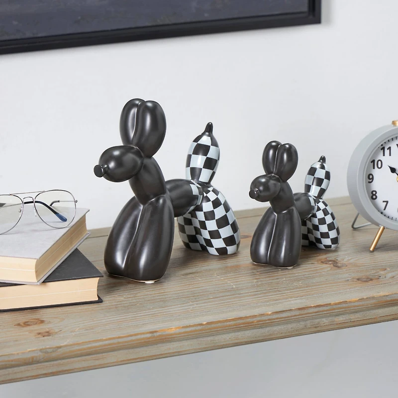 Black Checkered Ceramic Balloon Dog Sculpture Set