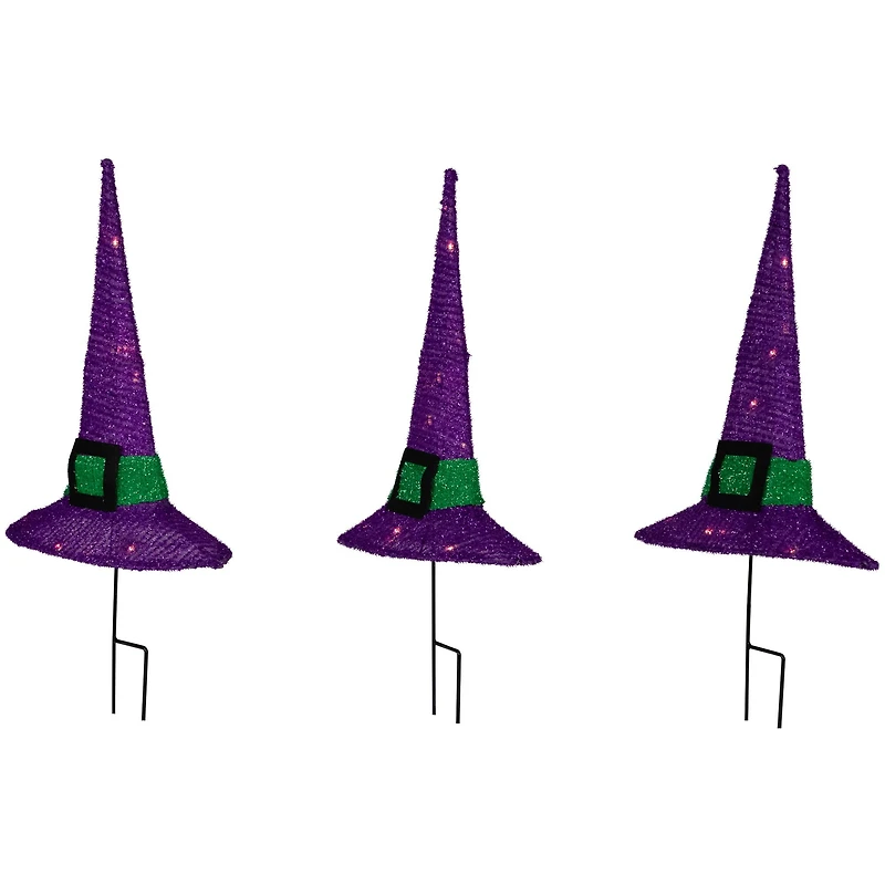 14" LED Lighted Purple Witches Hat Outdoor Halloween Pathway Markers, 3ct.