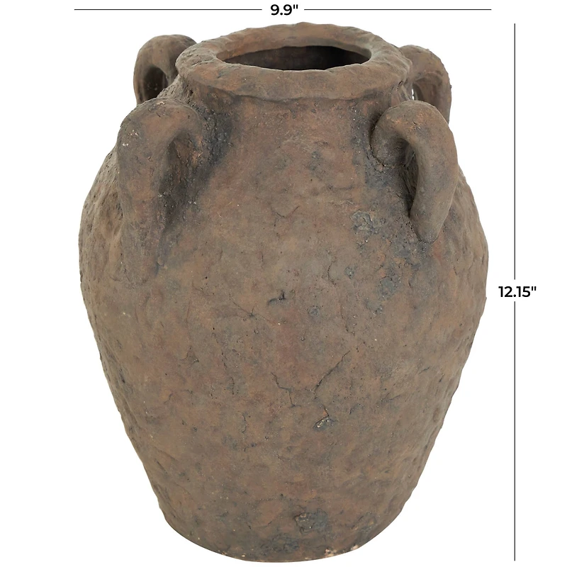 12" Dark Brown Ceramic Handmade Textured Vase with 4 Handles