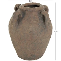 12" Dark Brown Ceramic Handmade Textured Vase with 4 Handles