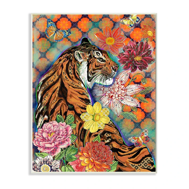Stupell Industries Jungle Tiger Cat Over Orange Arabesque Floral Pattern Wall Plaque
