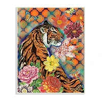 Stupell Industries Jungle Tiger Cat Over Orange Arabesque Floral Pattern Wall Plaque