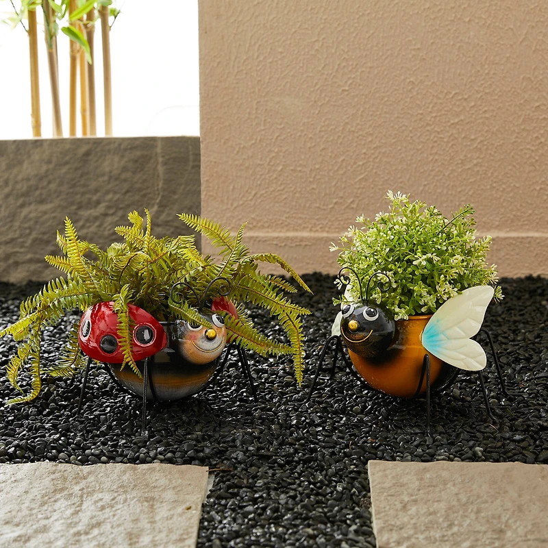 Glitzhome® 10" Bee & Ladybug Metal Statue Planter Set