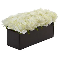 6" White Dozen Roses in Black Rectangular Ceramic Planter