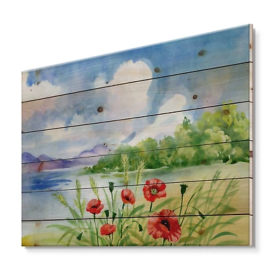 Designart - Red Tulips On The Bank Near A Mountain River