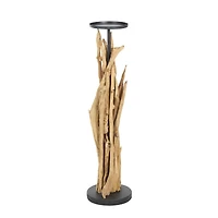 39" Brown Teak Wood Handmade Tall Tree Branch Floor Candle Holder with Black Metal Accents