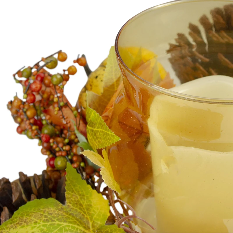 10" Pumpkin, Berry & Pinecone Tealight Candle Holder