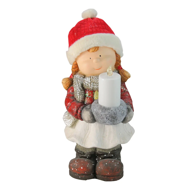 17" Standing Young Girl in Ski Hat with Candle Holder Winter Outdoor Garden Statue