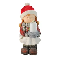 17" Standing Young Girl in Ski Hat with Candle Holder Winter Outdoor Garden Statue