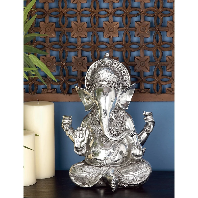 Silver Bohemian Polystone Sculpture, Ganesh 16" x 12" x 8"