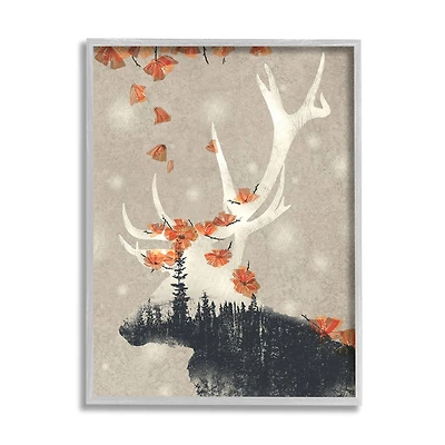 Stupell Industries Tree Forest Elk Silhouette Orange Florals in Gray Frame Wall Art