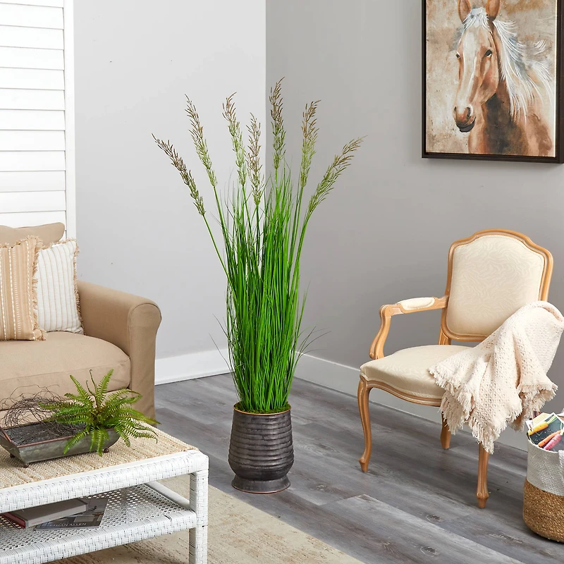 5ft. Wheat Grass Plant in Ribbed Metal Planter