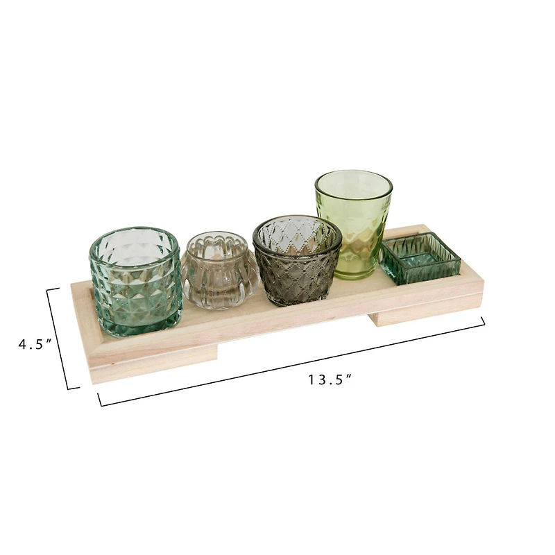 Hello Honey® 13.25" Glass Votive & Tealight Holders On Wood Tray Set