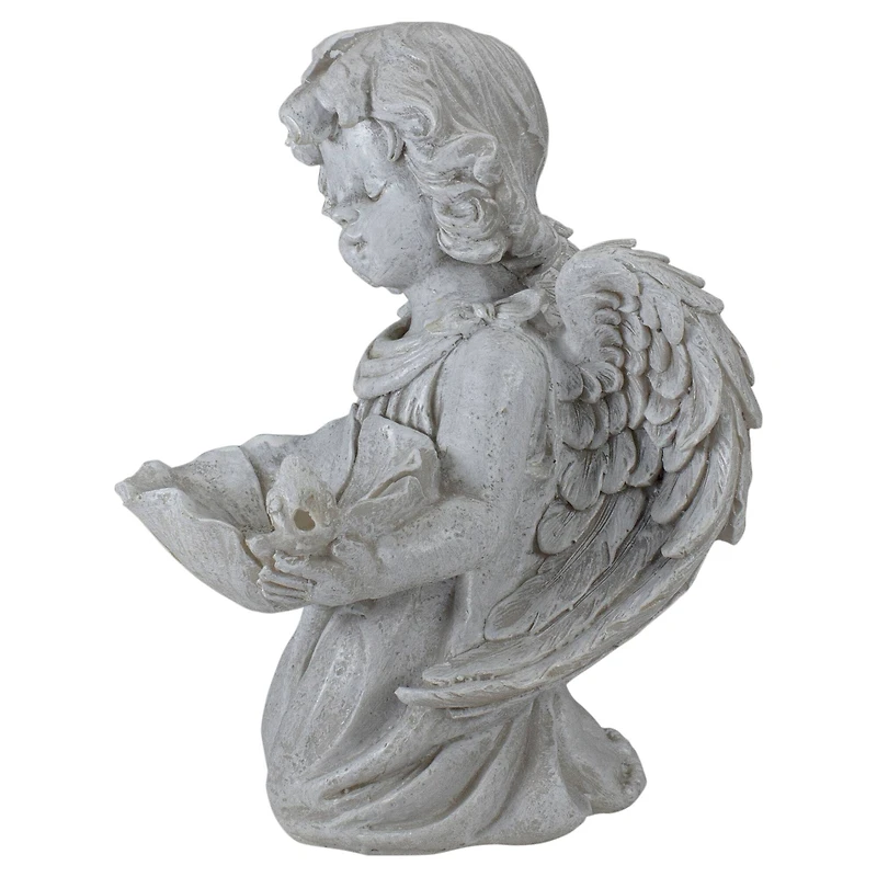 9.5" Heavenly Gardens Gray Distressed Kneeling Cherub Angel Bird Feeder Outdoor Garden Statue
