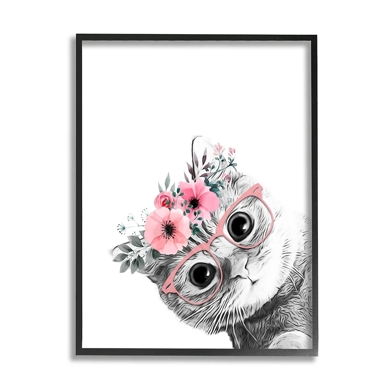 Stupell Industries Pink Flower Crown Cat with Glasses Framed Giclee Art
