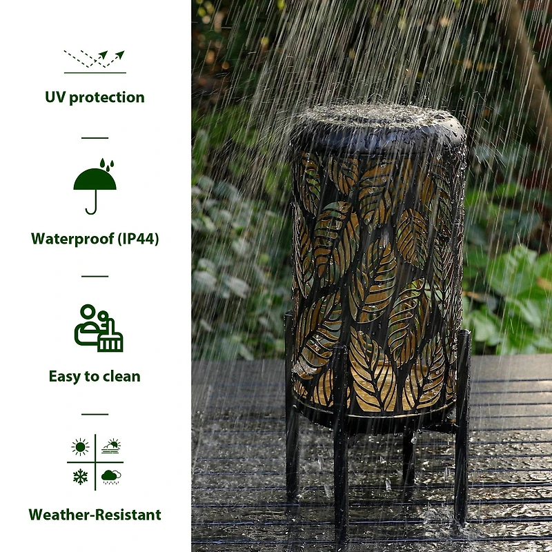 Glitzhome® 14.25" Black Metal Cutout Leaves Pattern Solar Powered LED Outdoor Lantern