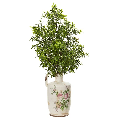 26" Boxwood Artificial Plant in Floral Print Vase