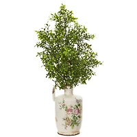 26" Boxwood Artificial Plant in Floral Print Vase