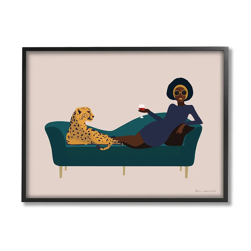Stupell Industries Modern Fashion Female Wine Glass Cheetah Animal Couch Framed Wall Art