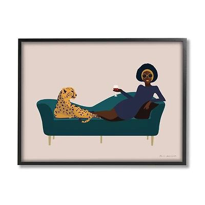 Stupell Industries Modern Fashion Female Wine Glass Cheetah Animal Couch Framed Wall Art