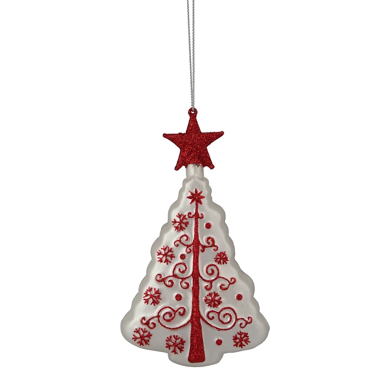 6" White & Red Christmas Tree Glass Ornament