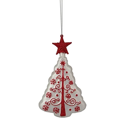 6" White & Red Christmas Tree Glass Ornament