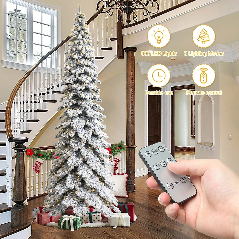 12ft. Pre-Lit Flocked Layered Slim Spruce Artificial Christmas Tree, Warm White LED Lights