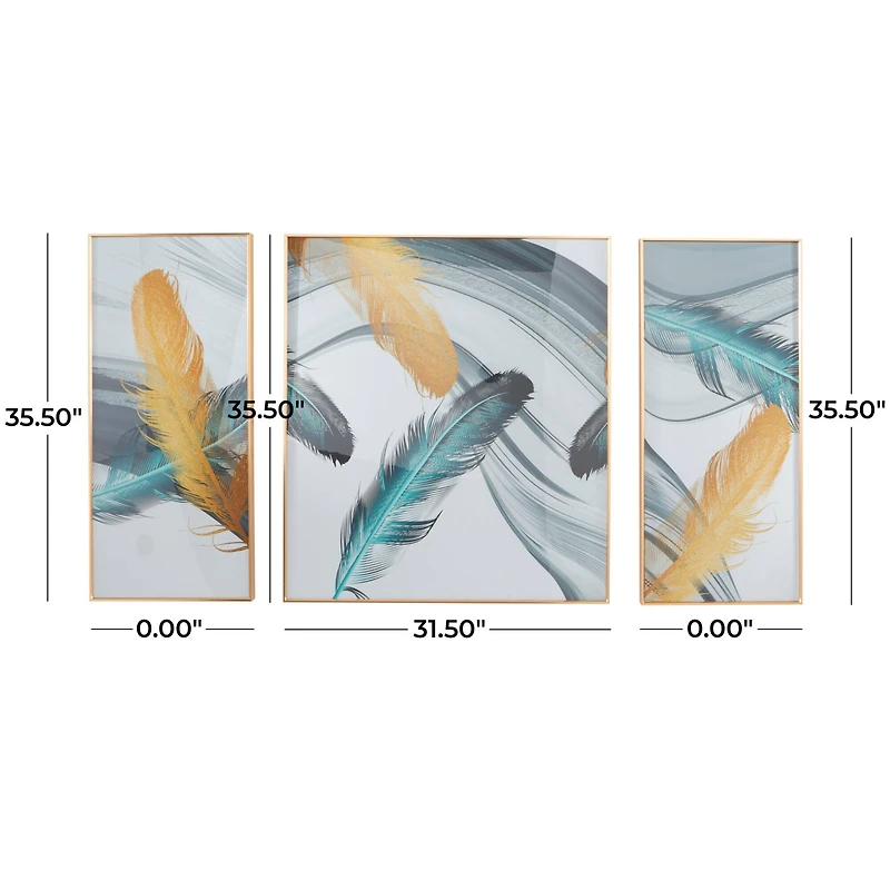 CosmoLiving by Cosmopolitan Blue Porcelain Feathers Bird Framed Wall Art with Gold Aluminum Frame Set of 3 32", 16", 16"